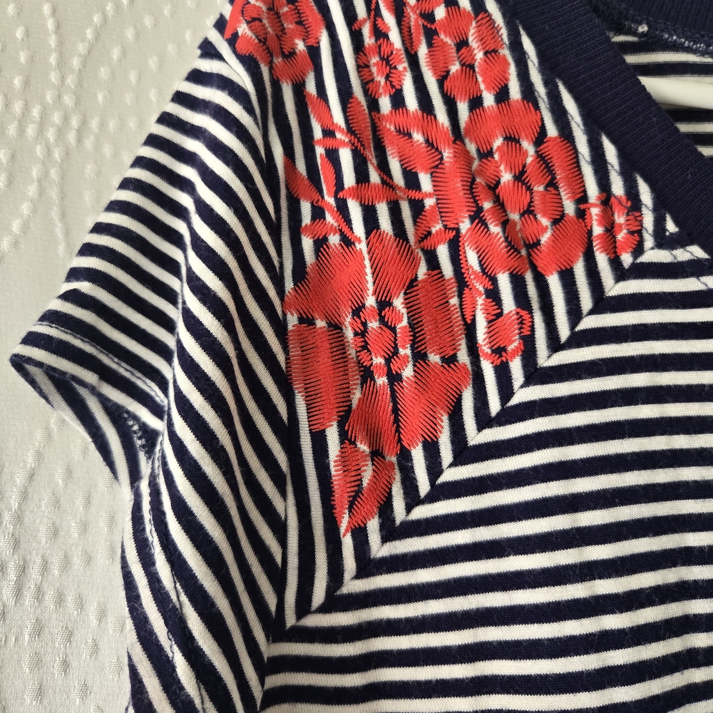 Navy & White Striped Tee with Red Floral Shoulder Accent - Picture 2 of 7